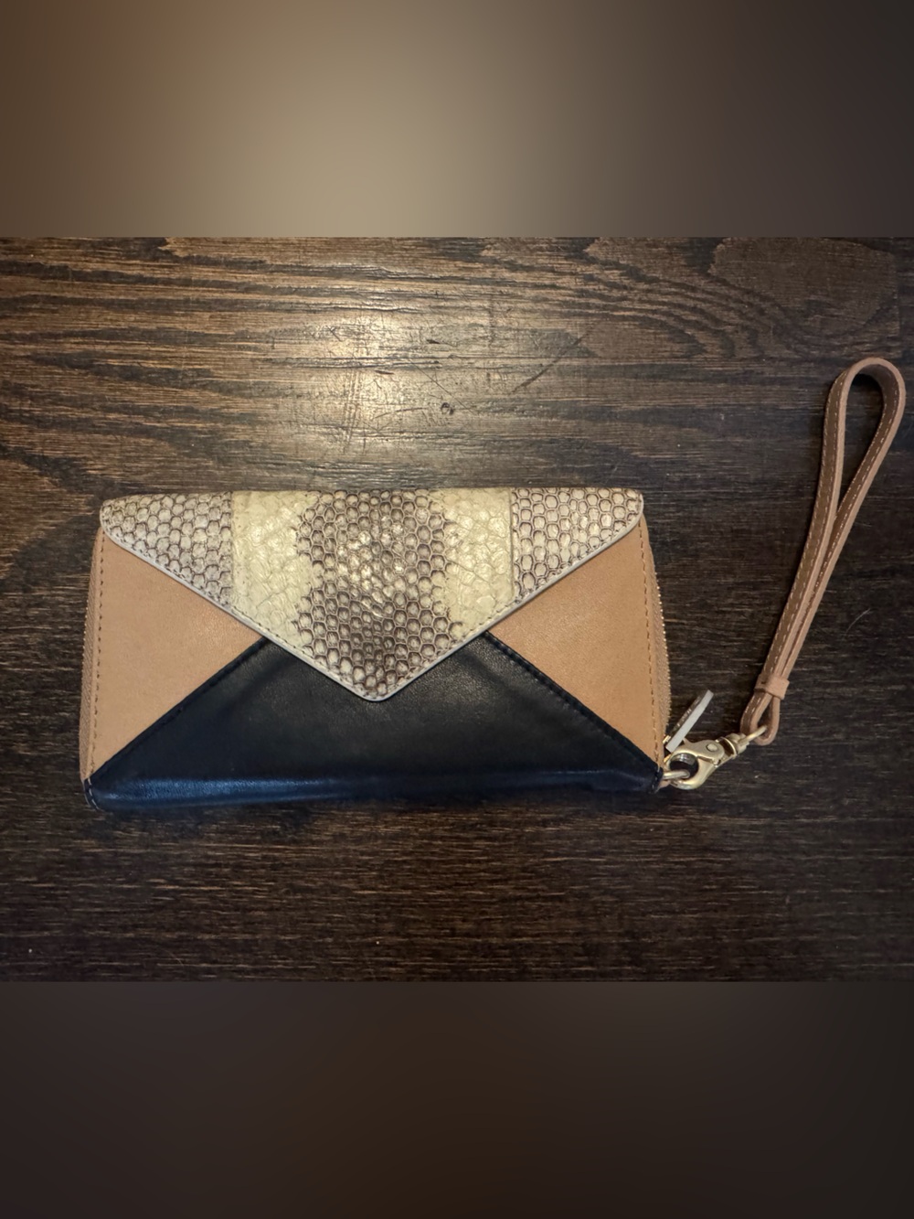 Loeffler Randall Tri-Panel Snake-Print Wristlet in Black, Tan & Cream vintage